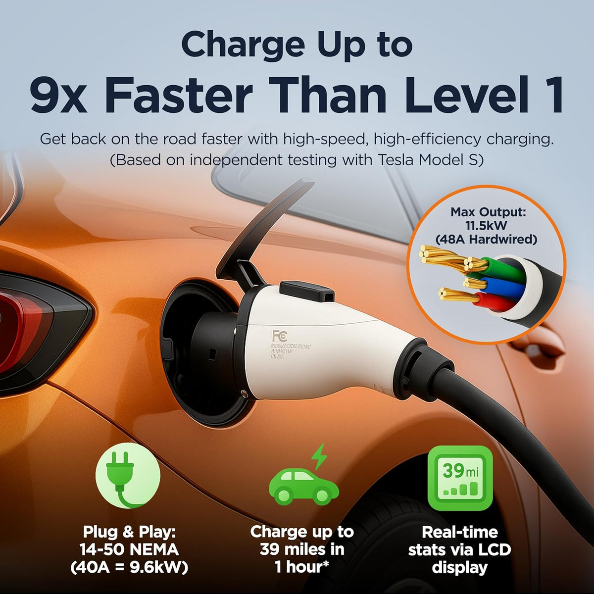 Cargador EV de Nivel 2 48A 11.5kW (40A 9.6 kW Enchufable) - Enchufe NEMA 14-50 Certificado UL con Cable Rígido SAE J1772 de 25' - Estación de Carga de Vehículos Eléctricos 240V con APP #ICACH50-S