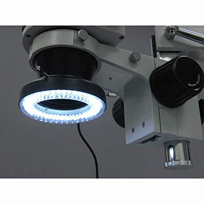 AmScope Microscopio profesional trinocular con zoom estéreo SM-4TZ-144A, WH10x, aumento de 3,5X-90X, objetivo con zoom 0,7X-4,5X, anillo de luz LED de 4 zonas, soporte de tipo jirafa con 2 brazos, 110V-240V, incluye lentes Barlow de 0,5X y 2.0X.