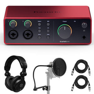 Interfaz USB Focusrite Scarlett 4i4 de cuarta generación con software, auriculares y 2 cables XLR de 15 pies