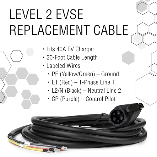 Cable de repuesto para estación de carga EV de nivel 2 – 40A SAE J1772, cable de carga universal tipo 1 de 20 pies, resistente, resistente al agua IP67, certificado UL, fácil de instalar
