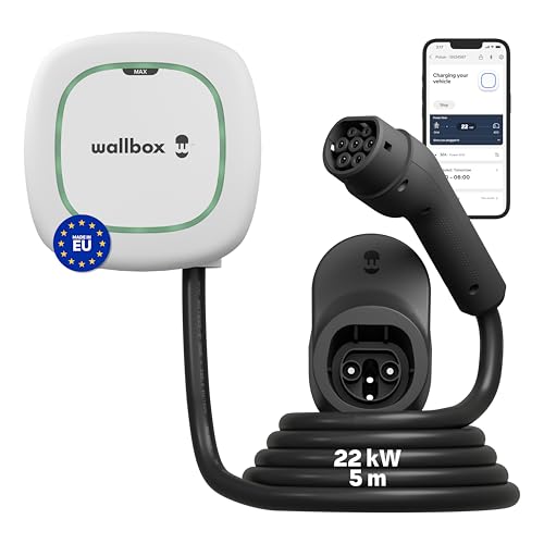 Wallbox Pulsar MAX - Cargador de Coche eléctrico (22 kW, Tipo 2, Wi-Fi, Bluetooth, OCPP, Interior/Exterior, 5 m, instalación Sencilla), Color Blanco PLP2-0-2-4-9-001