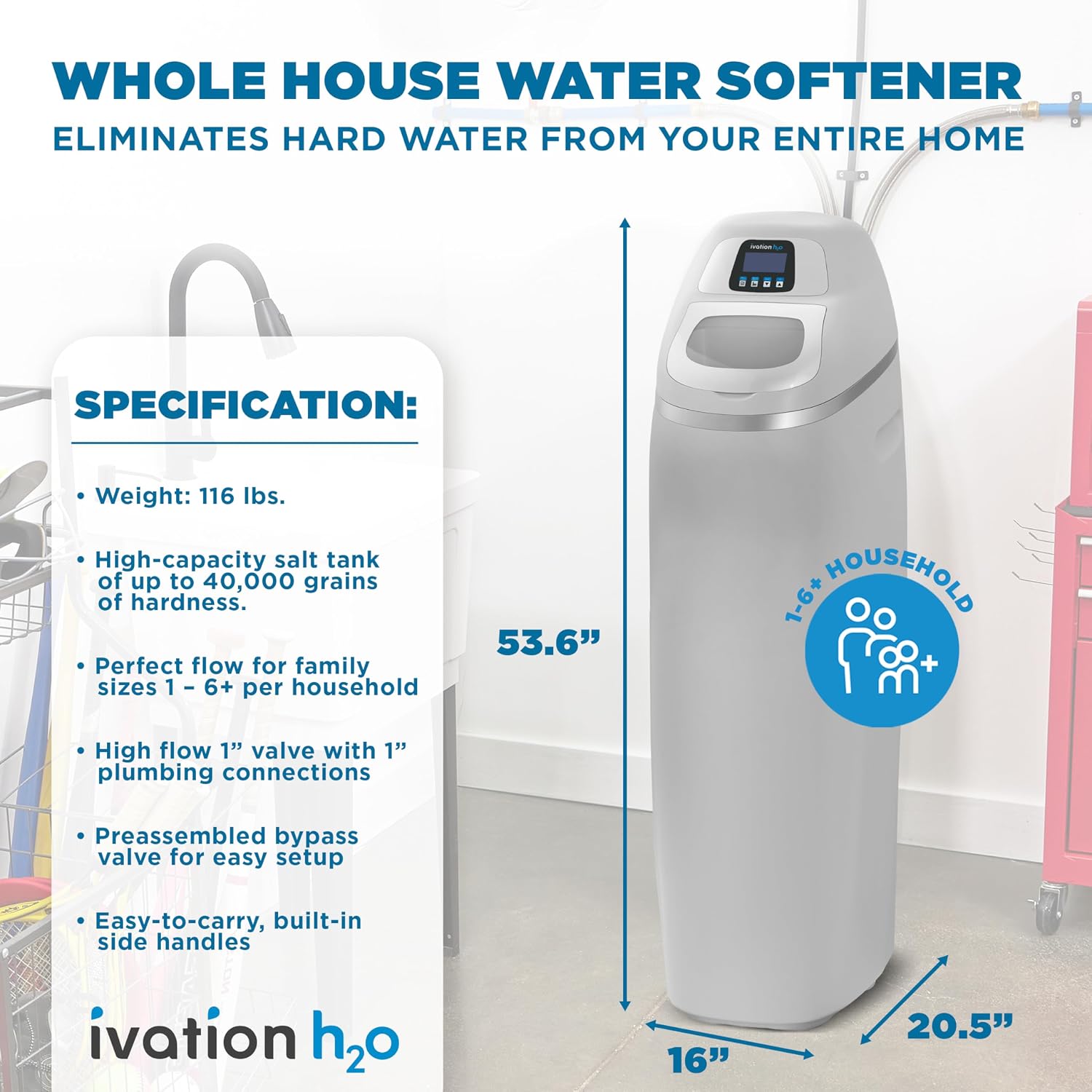 Ivation H2O IVAWS40K200RL - Sistema de suavizante de agua de 40.000 granos, suavizador de agua, con discos de cerámica patentados, regeneración automática de agua blanda para toda la casa, reduce el magnesio