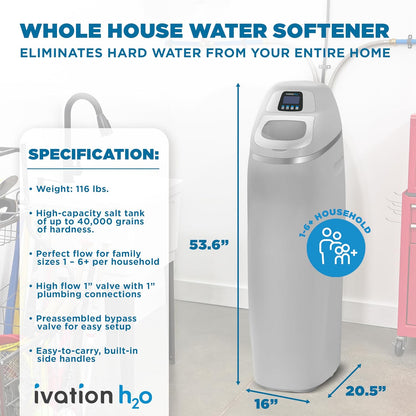 Ivation H2O IVAWS40K200RL - Sistema de suavizante de agua de 40.000 granos, suavizador de agua, con discos de cerámica patentados, regeneración automática de agua blanda para toda la casa, reduce el magnesio