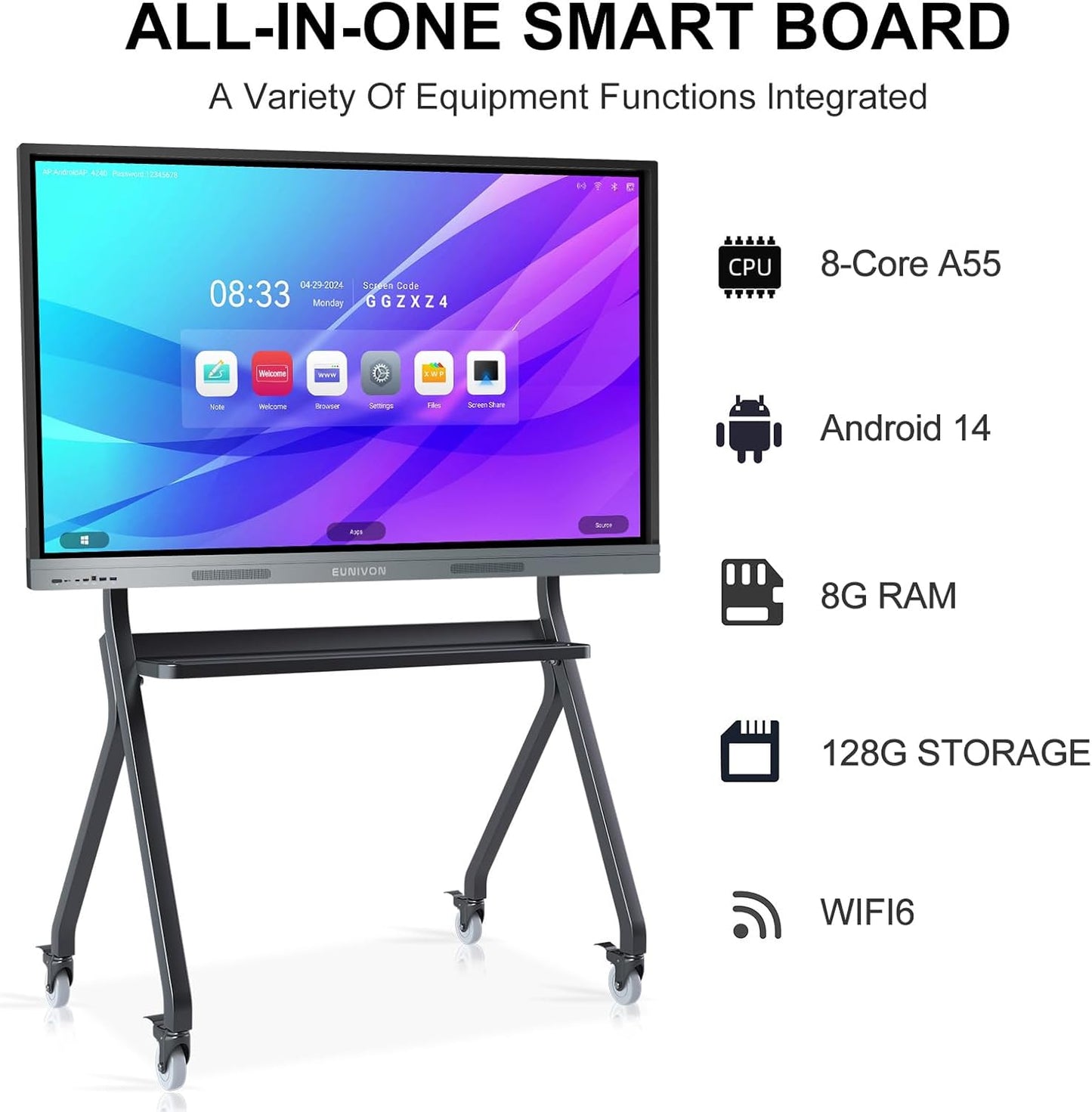 Pizarra inteligente 4K UHD de 55 pulgadas, pizarra blanca electrónica con pantalla táctil, pizarra blanca interactiva para aula y negocios (soporte de pared incluido)