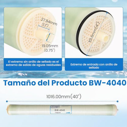 BW-4040, Membrana RO de 10,16 cm x 101,6 cm para Desalinización de Agua Salobre, Membrana de Ósmosis Inversa BW 4040 para Toda la Casa, Agua Municipal, Certificada NSF, Tasa de Desalinización del