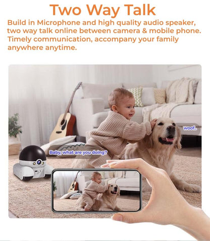 Movable 2MP+2MP Dual Lens Dual Screen Pet Robot 2.4 GHz WiFi Cámara de seguridad para el hogar inteligente P 360°/T 90° Rotación Monitoreo Teléfono App 2 Way Audio Detección de Movimiento Alertas