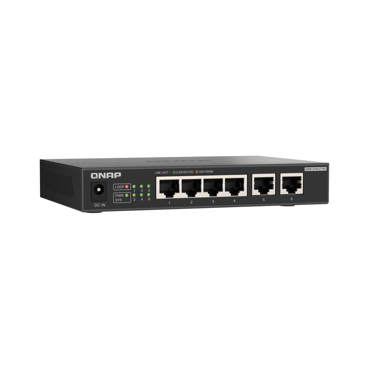 Switch no gestionado QNAP QSW-2104-2T-R2 de 4 puertos 2,5 GbE y 2 puertos 10 GbE QNQSW21042TR