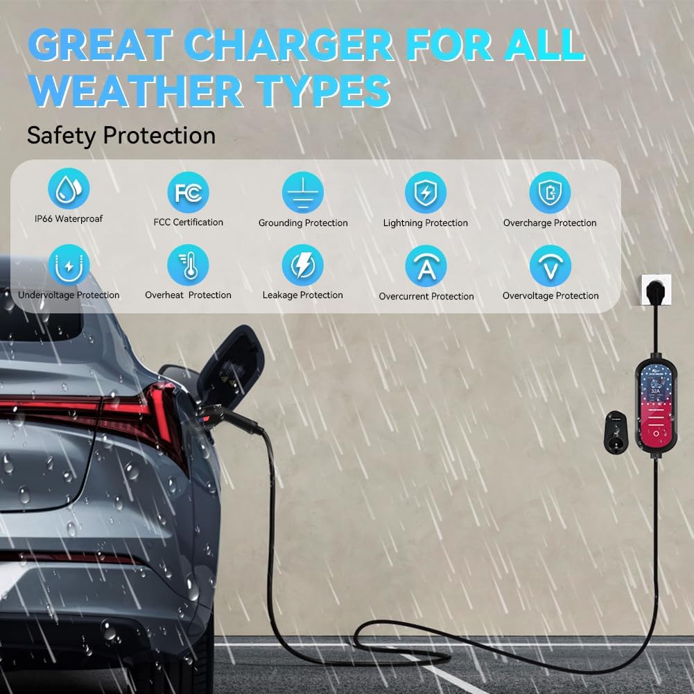Cargador EV de nivel 2 32A, 240V, 7.68 KW, enchufe NEMA 14-50, cargador de vehículo eléctrico portátil, cable de 25 pies, Plug & Play para J1772, para hogar y exterior (negro) A70527 - QJHH4700527