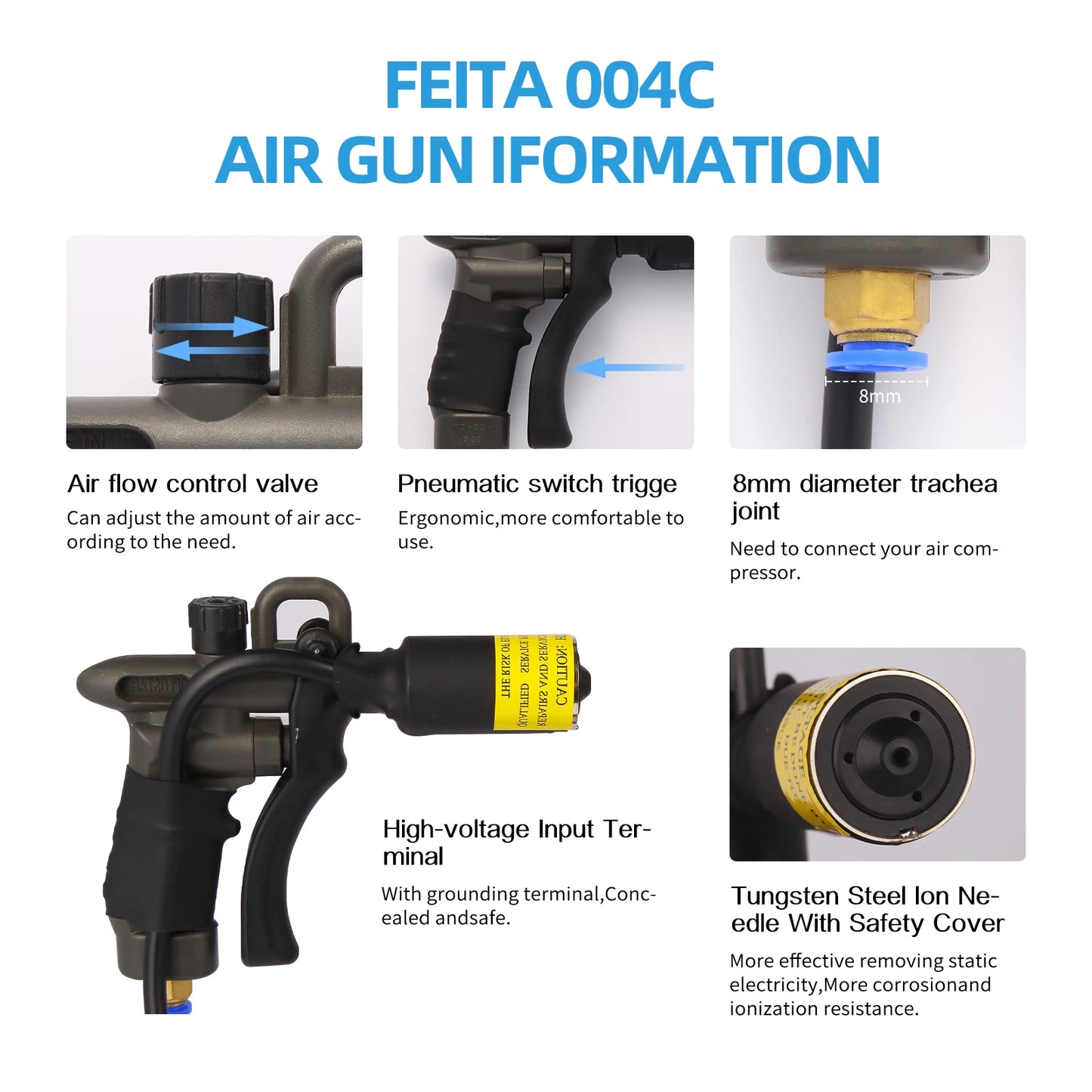 FEITA FT-004C Pistola de aire ionizante , pistola antiestática, volumen de aire ajustable, eliminador electrostático de alta calidad para eliminar electrostatos