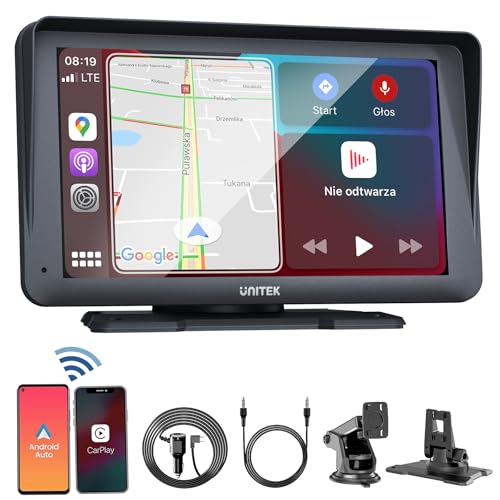 Unitek - Pantalla táctil portátil inalámbrica para coche, 7 pulgadas, compatible con Bluetooth, pantalla de Android y Apple Carplay para pantalla de coche para Carros con cámara de respaldo/navegador