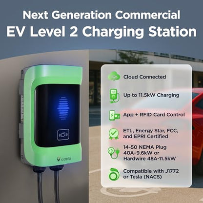 Icapia Cargador EV de nivel 2 comercial – 11.5kW Hardwire o 9.6kW Plug-in con cable de 25 pies, conector J1772 | Estación de carga habilitada y totalmente lista para OCPP 1.6 – RFID, control de aplicaciones ICACOP48-PS