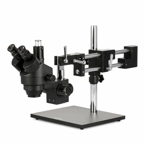 AmScope SM-4TZZ-B 180X Microscopio estéreo trinocular zoom con negro | 3.5X-180X Magnification Range 76mm Stereo Microscope Holder Ring 360° Multi-Axis Head Rotation Powder-Coat Black