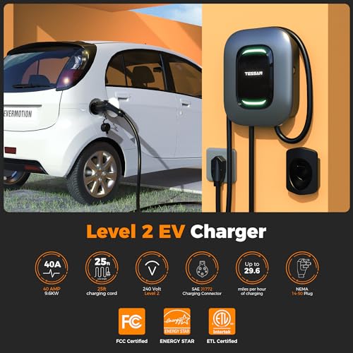 Cargador EV Nivel 2, Estación de carga rápida para vehículo eléctrico TESSAN 40A/240V para el hogar, equipo de carga de coche eléctrico con cable de 25 pies/7.62 m #CH-EV101M