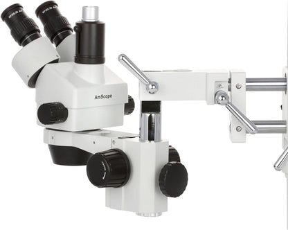 AmScope SM-4TP - Microscopio Profesional de Zoom estéreo trinocular con Control de Enfoque simultáneo, oculares WH10x, Aumento 7X-45X, Lente de Zoom 0.7X-4.5X, iluminación Ambiental, Soporte de Brazo