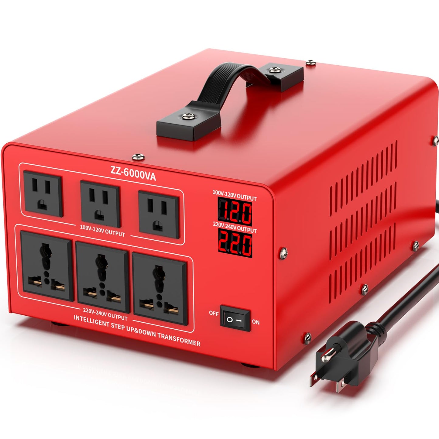 Convertidor de voltaje de 6000 W, convertidor de potencia elevador/descendente de alta resistencia, 220 V a 110 V, 110 V a 220 V con 3 salidas de EE. UU., 3 salidas universales, pantalla LCD,