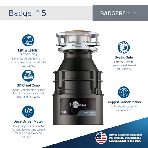 InSinkErator Badger 5 - Triturador de basura, serie estándar de 1/2 HP, triturador de residuos de alimentos de alimentación continua, negro, juego de 1