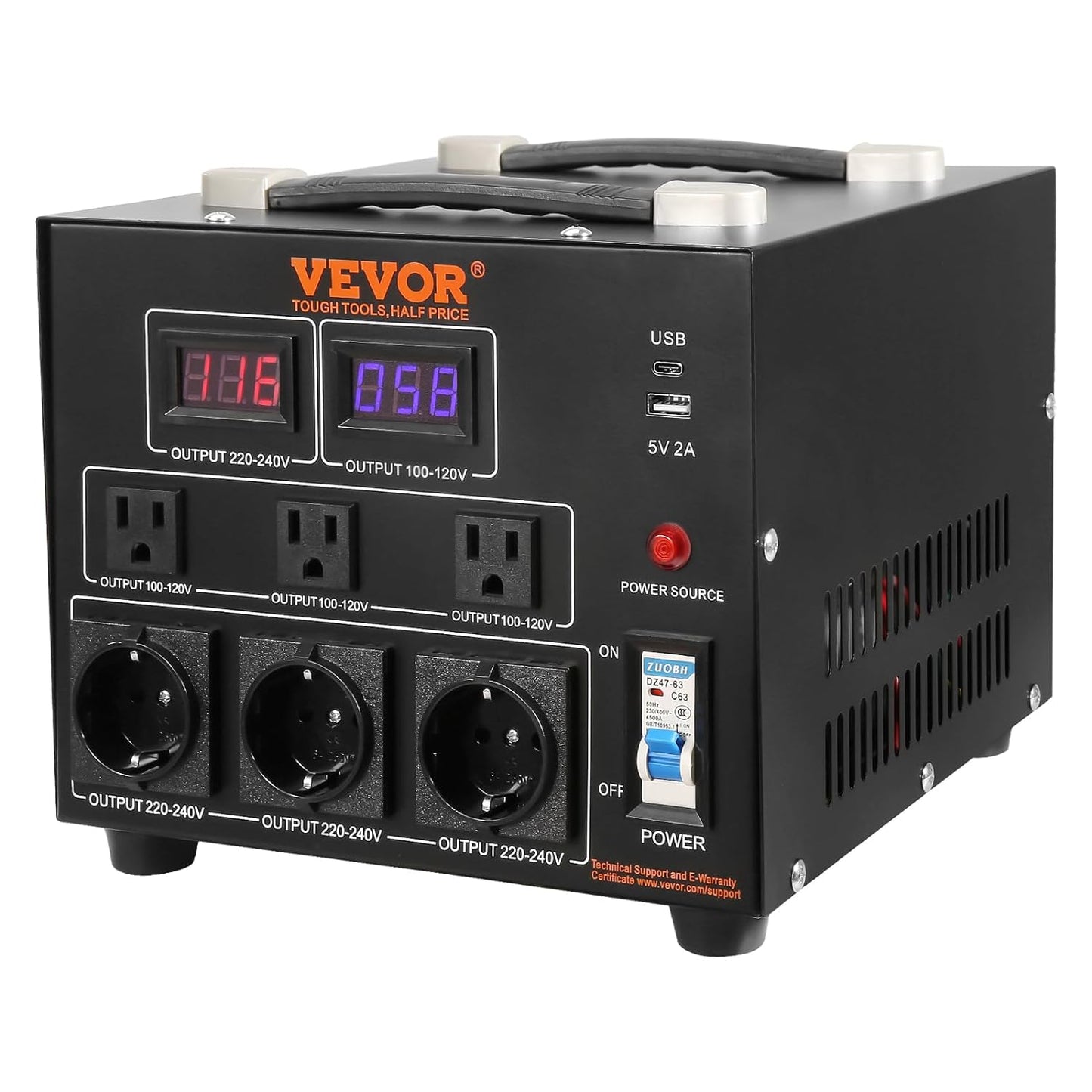 Transformador convertidor de voltaje VEVOR, 5000W, transformador elevado/descendente de alta resistencia, convierte de 110 voltios a 220 voltios y de 220 voltios a 110 voltios