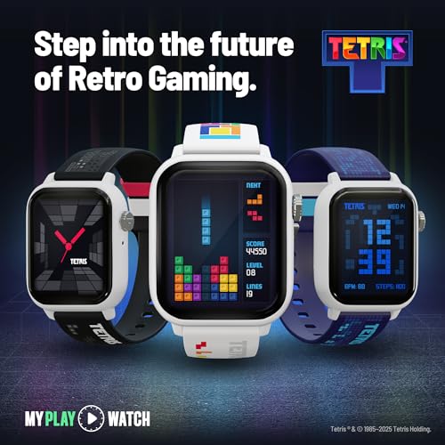 Tetris: My Play Watch - Reloj inteligente retro para juegos, sin WiFi o BT, Tetris integrado, caras de reloj personalizadas, sonido arcade clásico, monitor de frecuencia cardíaca, resistente al agua 0860013393441