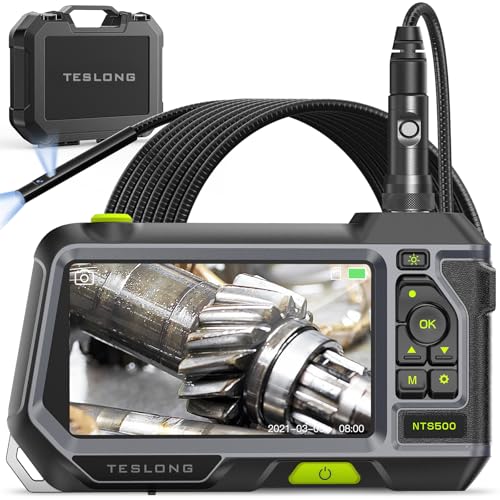 Teslong NTS500 - Endoscopio de doble lente con monitor de 5 pulgadas, cámara de inspección de boroscopio industrial impermeable con lente doble de 0.21 pulgadas frontal y lateral con sonda de 9.8 pies, pantalla LCD IPS de 5 pulgadas y estuche