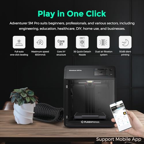 FLASHFORGE Adventurer 5M Pro Impresora 3D con sistema de impresión automática de 1 clic, 23.622 in/s de alta velocidad, boquilla desmontable rápida a 536.0 °F, estructura totalmente metálica Core XY,