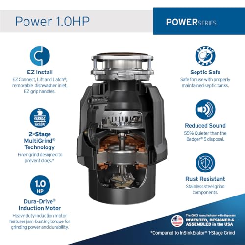 InSinkErator Power ‎80020-ISE - Eliminador de basura de 1 HP, serie Power EZ Connect, triturador de residuos de alimentos de alimentación continua, color negro