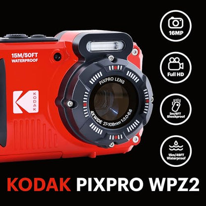 KODAK PIXPRO WPZ2 - Cámara digital resistente al agua de 16 MP 4X zoom óptico de 2.7 pulgadas, LCD Full HD, MFR: WPZ2-RD