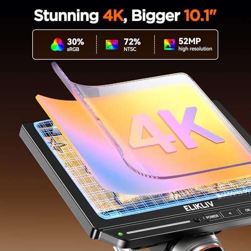 Elikliv Microscopio digital HDMI 4K Autofocus EM4K-AF, microscopio de soldadura de brazo flexible para adultos, microscopio de monedas de 10.1 pulgadas con luz de anillo, microscopios LCD de 52MP con