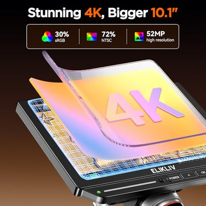 Elikliv Microscopio digital HDMI 4K Autofocus EM4K-AF, microscopio de soldadura de brazo flexible para adultos, microscopio de monedas de 10.1 pulgadas con luz de anillo, microscopios LCD de 52MP con