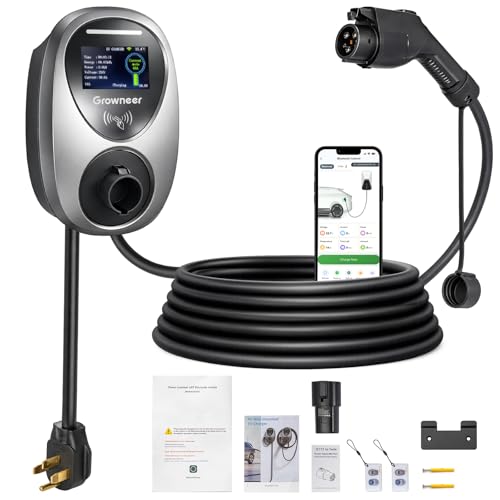 GROWNEER Cargador EV de nivel 2 de 48 amperios, enchufe NEMA 14-50 de 240 V, cargador portátil para vehículo eléctrico de 25 pies con conector J1772 y adaptador Tesla, pantalla LCD, estación de carga - AY253608001