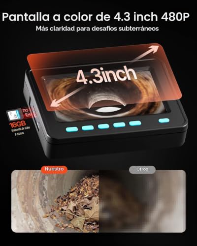 VEVOR Cámara de alcantarillado, 98.4 pies/98.4 ft (30 m), cámara de Boroscopio impermeable IP68, con función DVR y luces LED, endoscopio industrial para tubería de drenaje de conductos de pared. Pantalla de 4.3" con función DVR