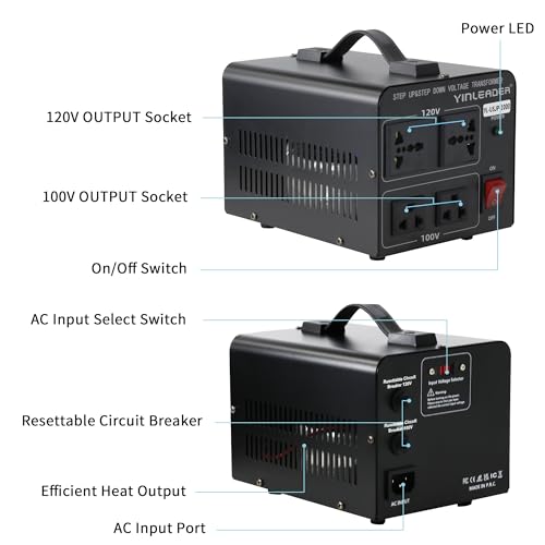 Yinleader 1000W 120V EE.UU. a 100V Japón Convertidor de Voltaje Paso Abajo/Arriba Transformador Ideal para Tocadiscos Japonés YL-USJP-1000