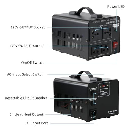 Yinleader 1000W 120V EE.UU. a 100V Japón Convertidor de Voltaje Paso Abajo/Arriba Transformador Ideal para Tocadiscos Japonés YL-USJP-1000