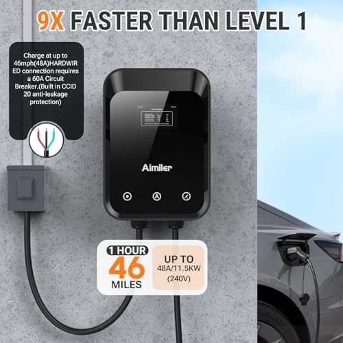 Cargador de vehículo eléctrico de nivel 2 (EV) (WiFi APP/Plug-Play), 48A, cable de 25 pies certificado ETL, cable duro de 240 V (sin enchufe) y conector J1772 EVSE EV Estaciones de carga de coche eléctrico para el hogar Nivel 2 (48) - ZB18-U011KBH-F002