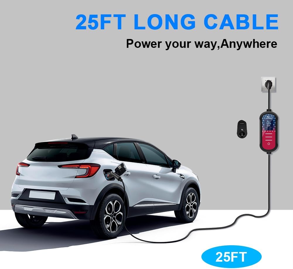 Cargador EV de nivel 2 32A, 240V, 7.68 KW, enchufe NEMA 14-50, cargador de vehículo eléctrico portátil, cable de 25 pies, Plug & Play para J1772, para hogar y exterior (negro) A70527 - QJHH4700527