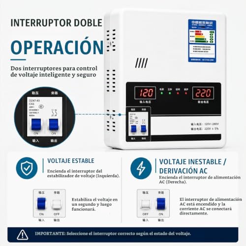 Estabilizador automático del voltaje, regulador de voltaje de CA del hogar Montado en la pared, pantalla LCD, bobina de cobre puro, 6 funciones de protección, entrada de 120-280 V