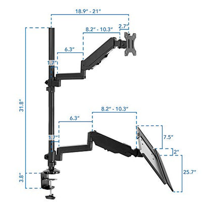 MOUNT-IT! Soporte de escritorio para monitor de pie sentado [se adapta a pantallas de 32 pulgadas] brazo articulado de movimiento completo con bandeja para teclado y gestión de cables (negro)