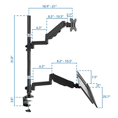 MOUNT-IT! Soporte de escritorio para monitor de pie sentado [se adapta a pantallas de 32 pulgadas] brazo articulado de movimiento completo con bandeja para teclado y gestión de cables (negro)