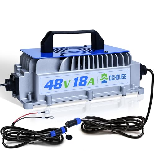 DC HOUSE Cargador de batería de litio de 48 V 18 A, cargador rápido de 900 W, eficiencia de carga ≥ 93%, IP65 resistente al agua anticaídas con ventilador de enfriamiento, adecuado para carrito de