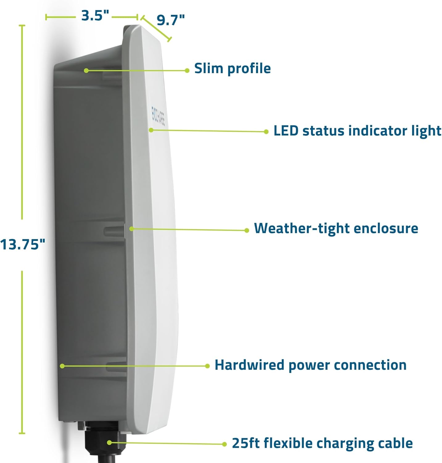 Cargador para vehículos eléctricos de nivel 2 de hasta 50 amperios, WiFi inteligente y Bluetooth habilitado, cable de 25 pies, cableado de 240 V, certificación UL, EVC50012001