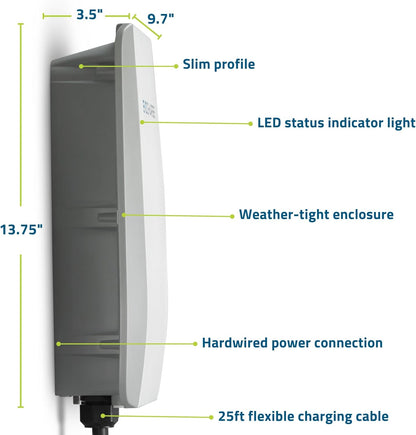 Cargador para vehículos eléctricos de nivel 2 de hasta 50 amperios, WiFi inteligente y Bluetooth habilitado, cable de 25 pies, cableado de 240 V, certificación UL, EVC50012001