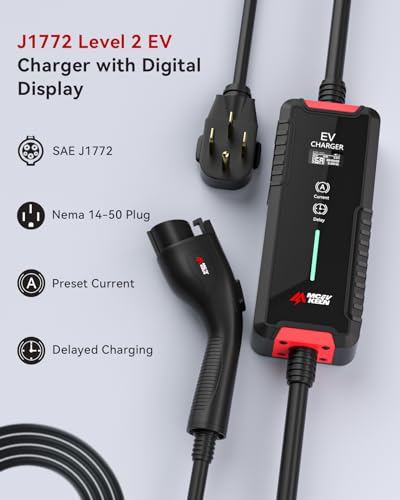 Cargador EV Nivel 2 40A - J1772 Enchufe Nema 14-50P | Cable de 25 pies | Adaptador Nema 5-15P a 14-50R | Estación de carga portátil para el hogar |
