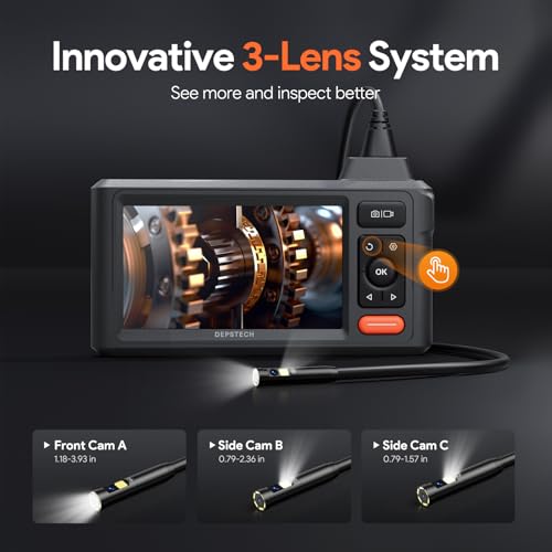 DEPSTECH Cámara de Alcantarillado de 15.2 metros, Boroscopio HD Triple Lente 1080P, Endoscopio con Pantalla IPS de 5 Pulgadas y Luz, Cámara de Inspección de Tuberías de Drenaje de Plomería Resistente DS620TL15M
