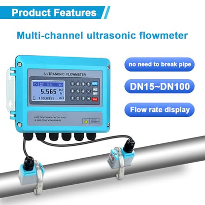 Medidor de flujo ultrasónico Whappocco Medidor de flujo de agua Abrazadera en medidor de flujo líquido Medidor de flujo digital montado en la pared con transductor pequeño para tubería DN15-3.937 in
