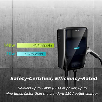 MSI EV Life NACS cableado, cargador de nivel 2, 240 V, 60 A, 14.4 kW, clasificación IP55, resistente al agua y al polvo, IK08 resistente a los impactos, certificado UL2594, Energy Star, 5 años de