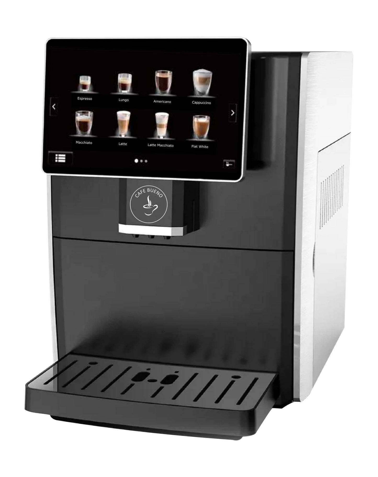 Cafe Bueno Máquina de café espresso súper automática - 19 recetas de café, duradera, amoladora, espumador de leche, visualización táctil de 7 pulgadas