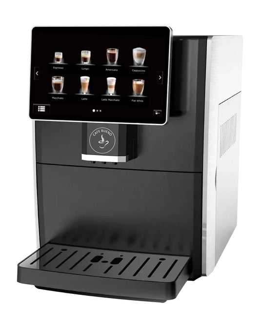Cafe Bueno Máquina de café espresso súper automática - 19 recetas de café, duradera, amoladora, espumador de leche, visualización táctil de 7 pulgadas