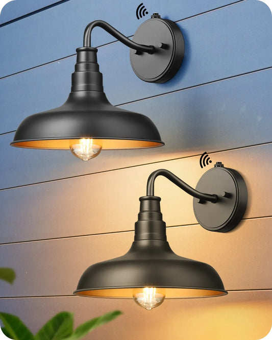 DEWENWILS - Paquete de 2 luces de pared para exteriores de anochecer a amanecer, estilo granero con cuello de cisne, color negro