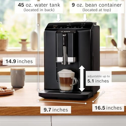 Bosch TIU20109 Serie 300 Máquina espresso totalmente automática con Milk Express (espumador en taza), bebidas a base de leche OneTouch y 5 opciones de bebidas, negro