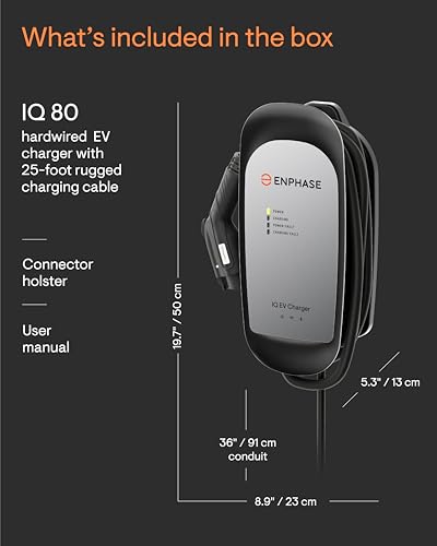 Cargador inteligente EV de 64 amperios - Enphase IQ 80, cableado, 15.4 kW de potencia, 240 V, conexión Wi-Fi, certificado de seguridad, cable de 25 pies y conector J1772 resistente