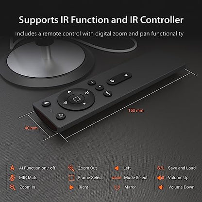 j5create Cámara de sala de conferencias con tecnología de IA 360 con altavoz, seguimiento inteligente, marco automático, incluye un control remoto (JVU368)